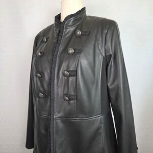 Chico's Faux Leather Black Military Style Jacket Ruffle Trim Moto Size 2 Large